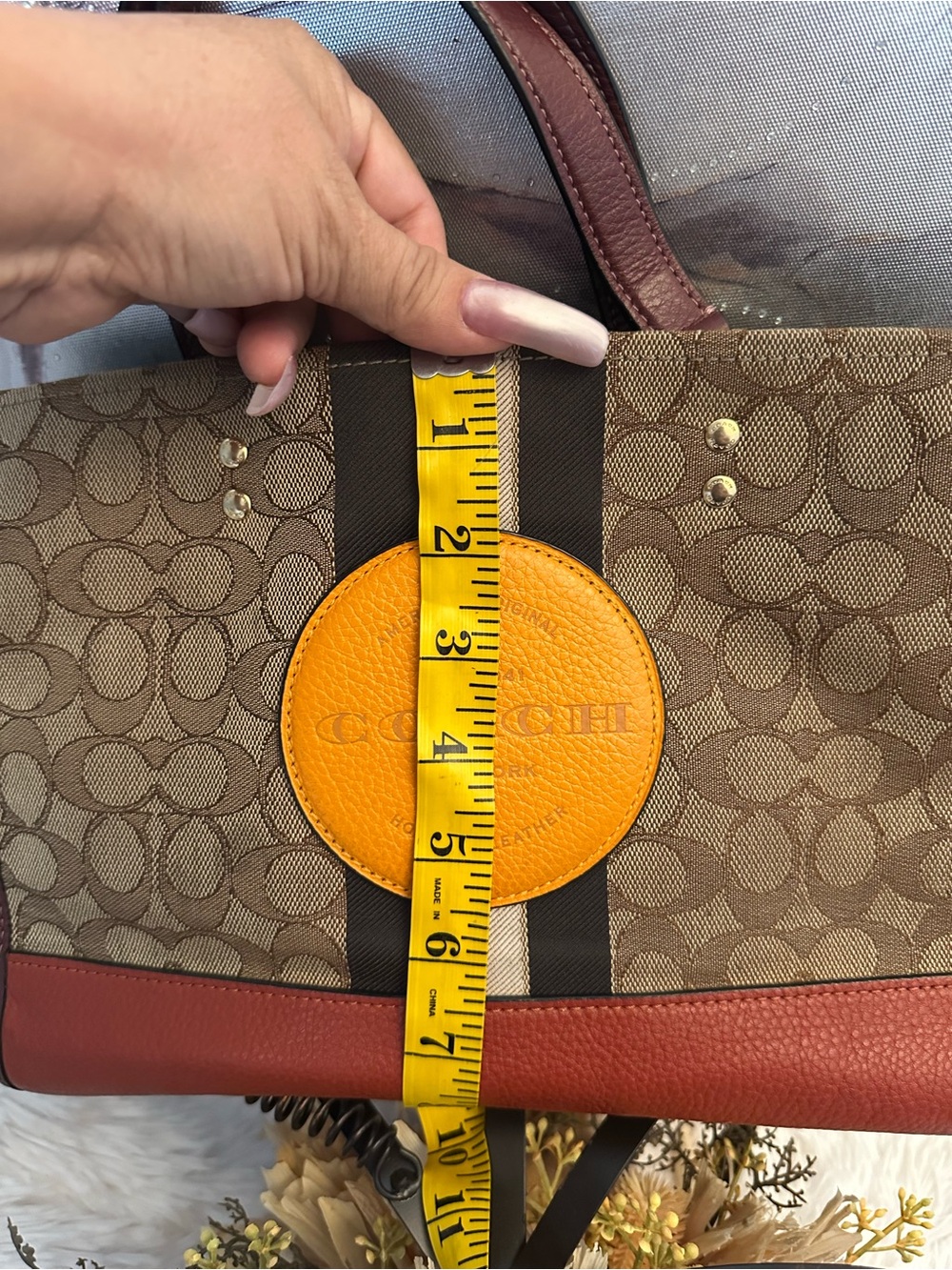 Coach Monogram Shoulder Bag with Red Trim and Yellow Logo Patch - Picture 11 of 11